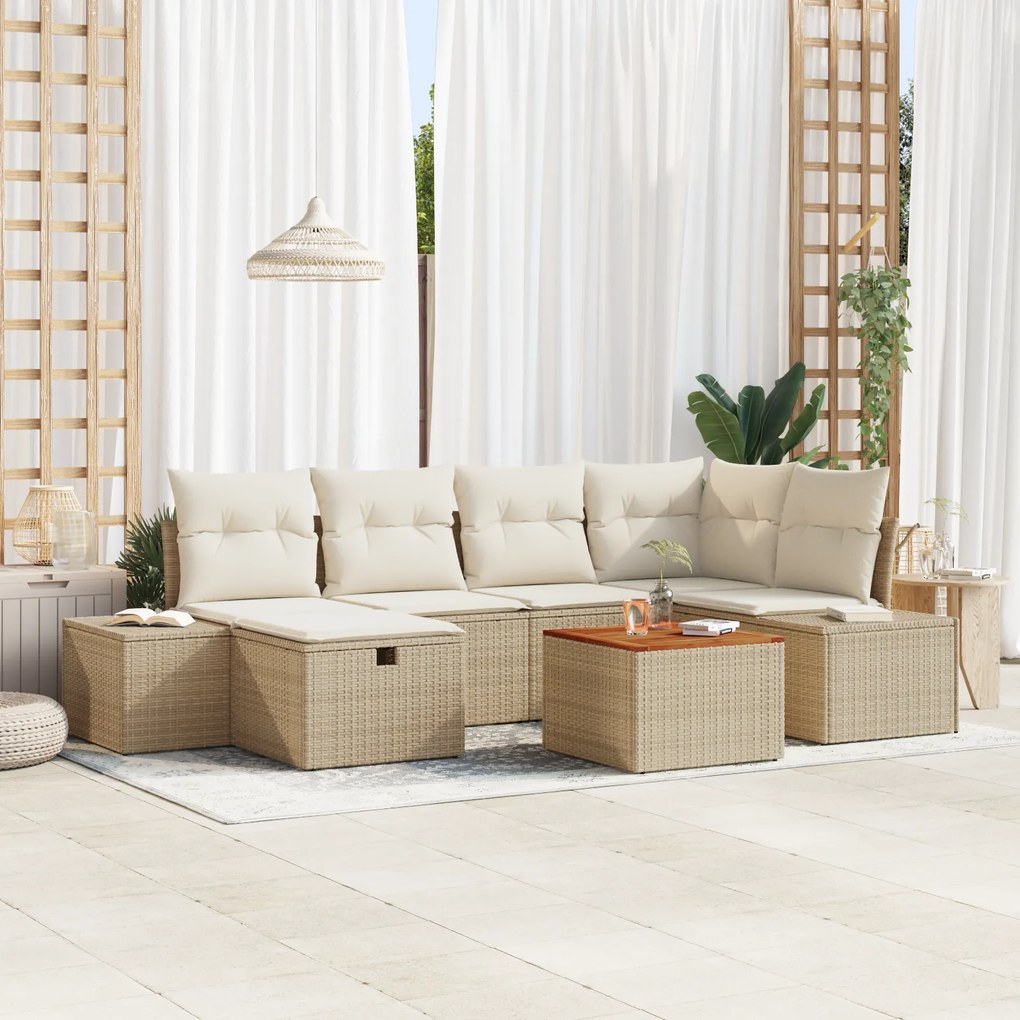 Conjunto de Sofá de Jardim de 7 Peças com Almofadas Bege em Rattan
