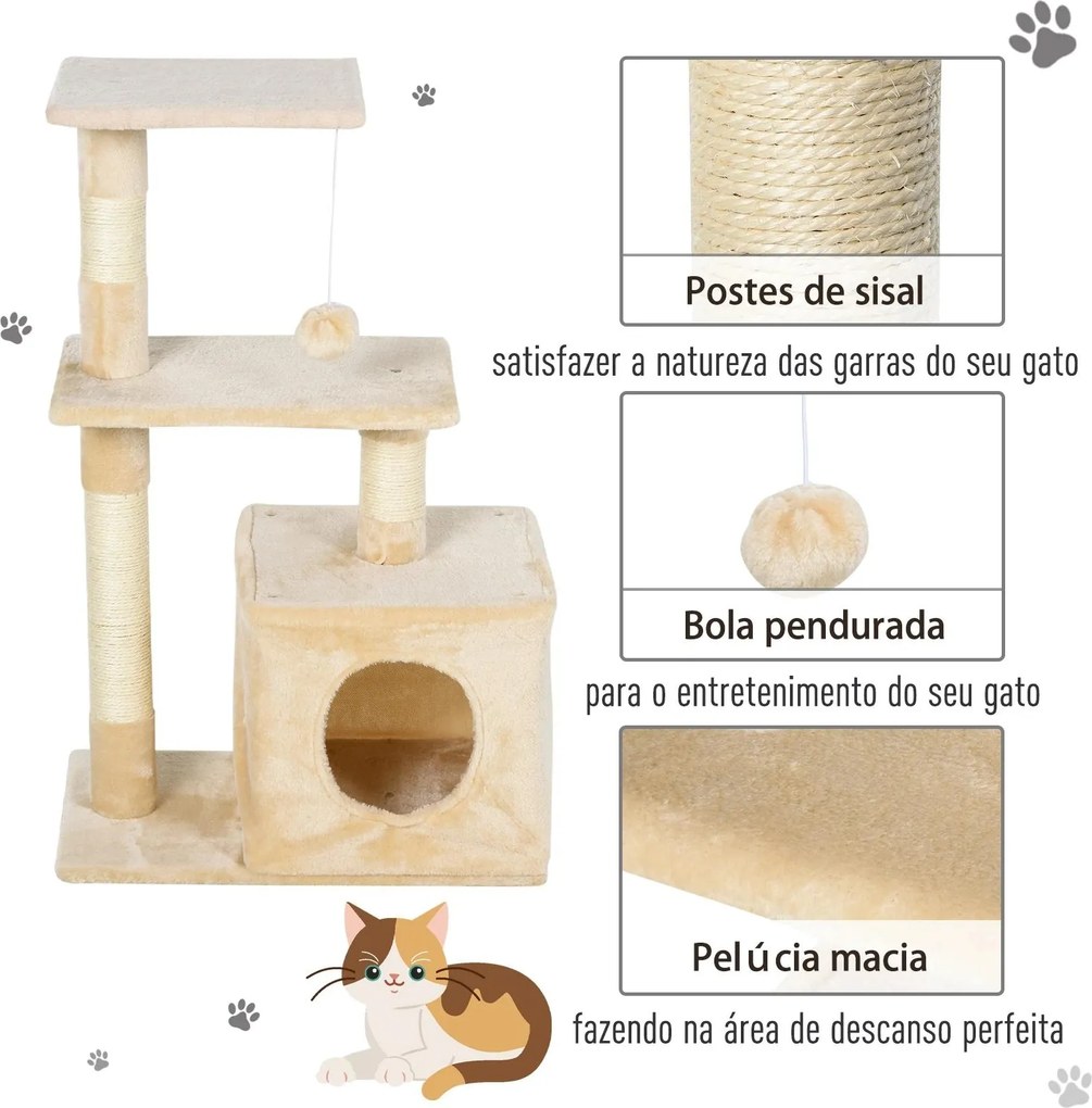 Arranhador para Gatos 50x30x81,5 cm Centro de Atividades para Gatos com Poste de Sisal Plataformas e Caverna Bege