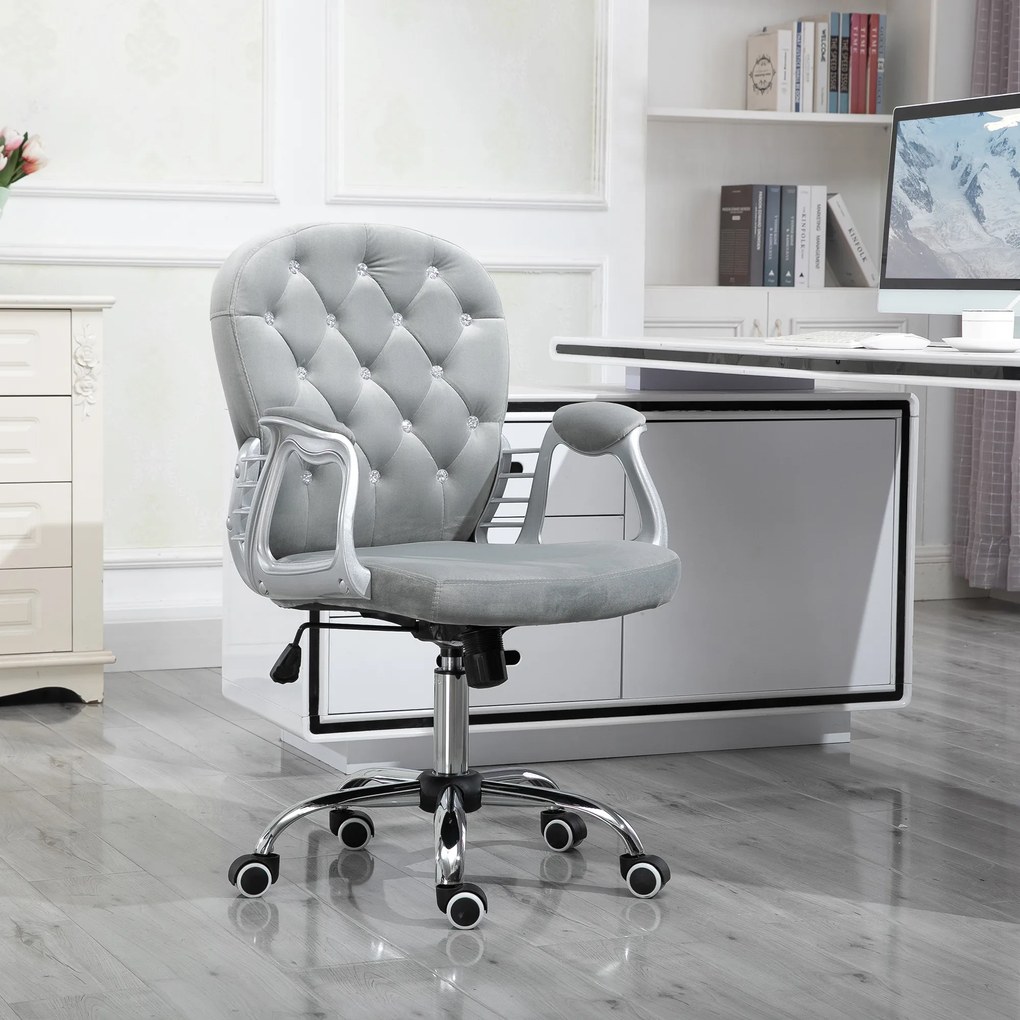 Cadeira de Escritório Estofada em Veludo Cadeira Giratória com Altura Ajustável e Decorações de Cristal 59,5x60,5x95-105 cm Cinzenta
