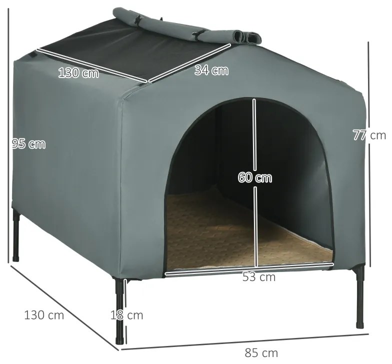 Casa para Cães com Cobertura Exterior Cama Elevada com Almofada e Janelas de Malha 130x85x95 cm Cinza