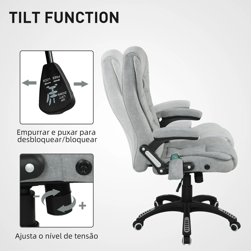 Cadeira de Escritório com 6 Pontos de Massagem Reclinável até 130° com Função de Aquecimento 65x71x110-120 cm Cinza