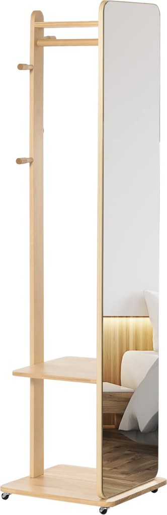 Espelho de pé com rodas 40 (L) x 44,5 (P) x 170 (A) cm Com cabides, 4 ganchos e prateleira em MDF com acabamento em madeira clara