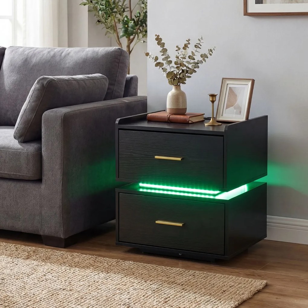 Mesa de cabeceira com base de carregamento LED, 2 gavetas, arrumação semi-suspensa e base metálica 45 x 40 x 48 cm Preta