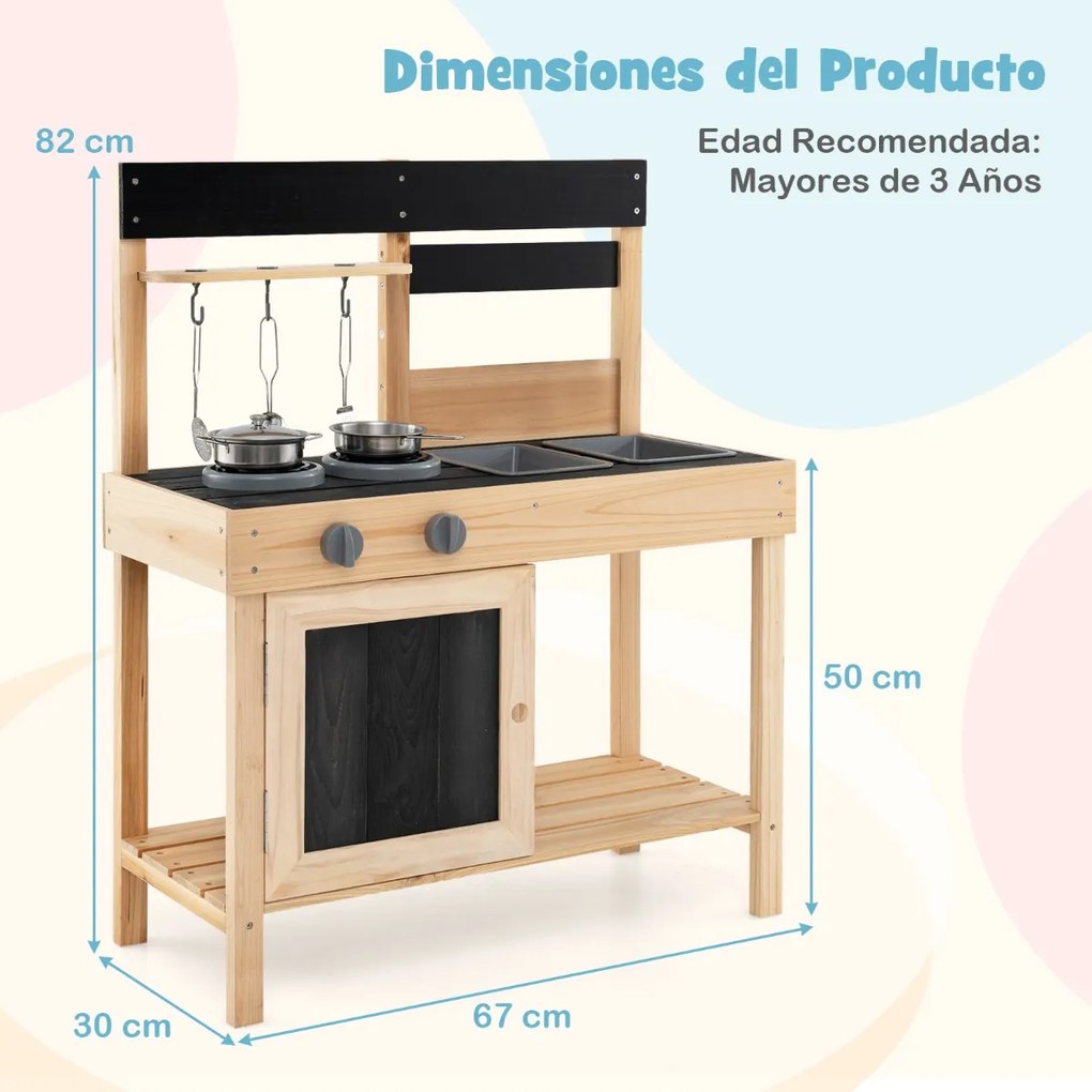 Conjunto de cozinha madeira para crianças com 2 pias removíveis, torneira, fogão e acessórios de cozinha para maiores de 3 anos, 67 x 30 x 82 cm, natu
