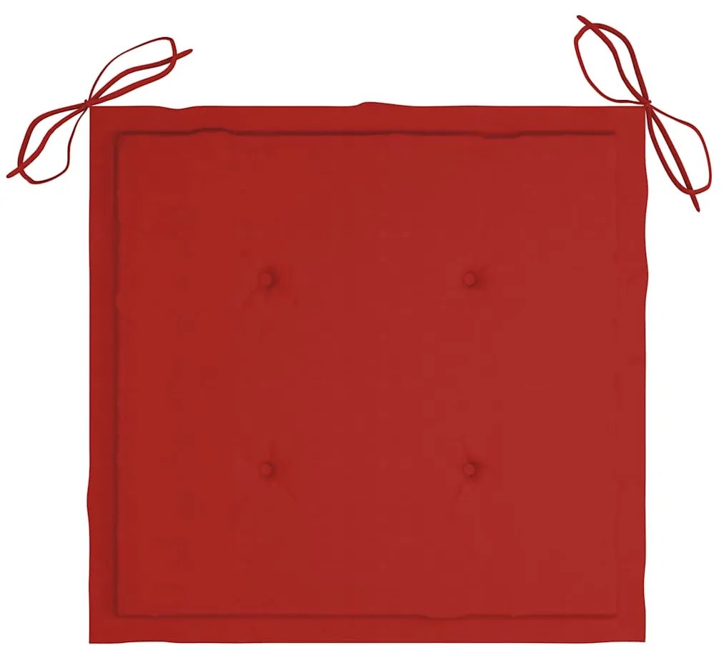 Cadeiras de jardim c/ almofadões vermelhos 3 pcs teca maciça
