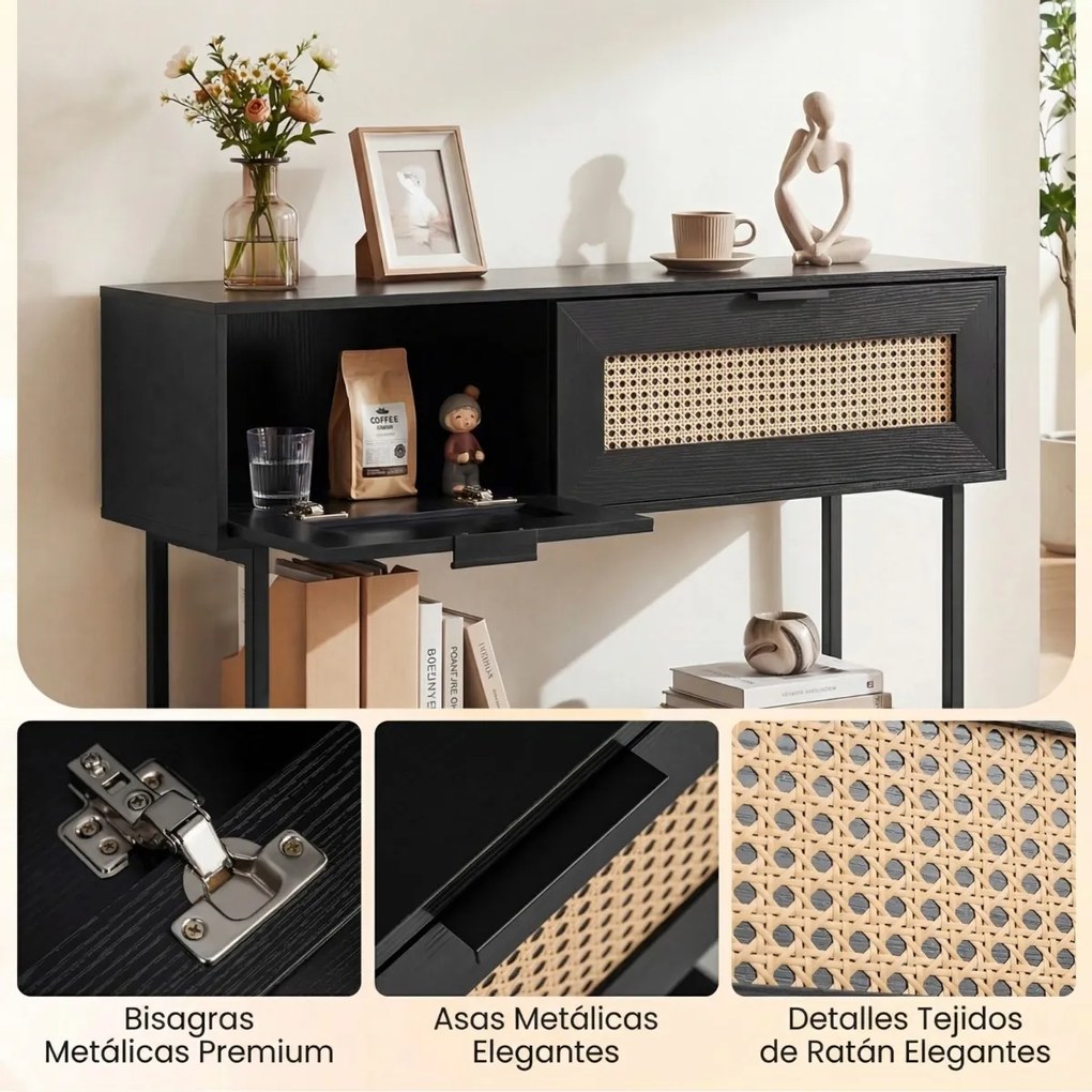 Mesa consola estreita em rattan PE 100 x 29,5 x 76 cm, estilo boémio, com portas, prateleiras e estrutura metálica, para a sala de estar ou o hall de