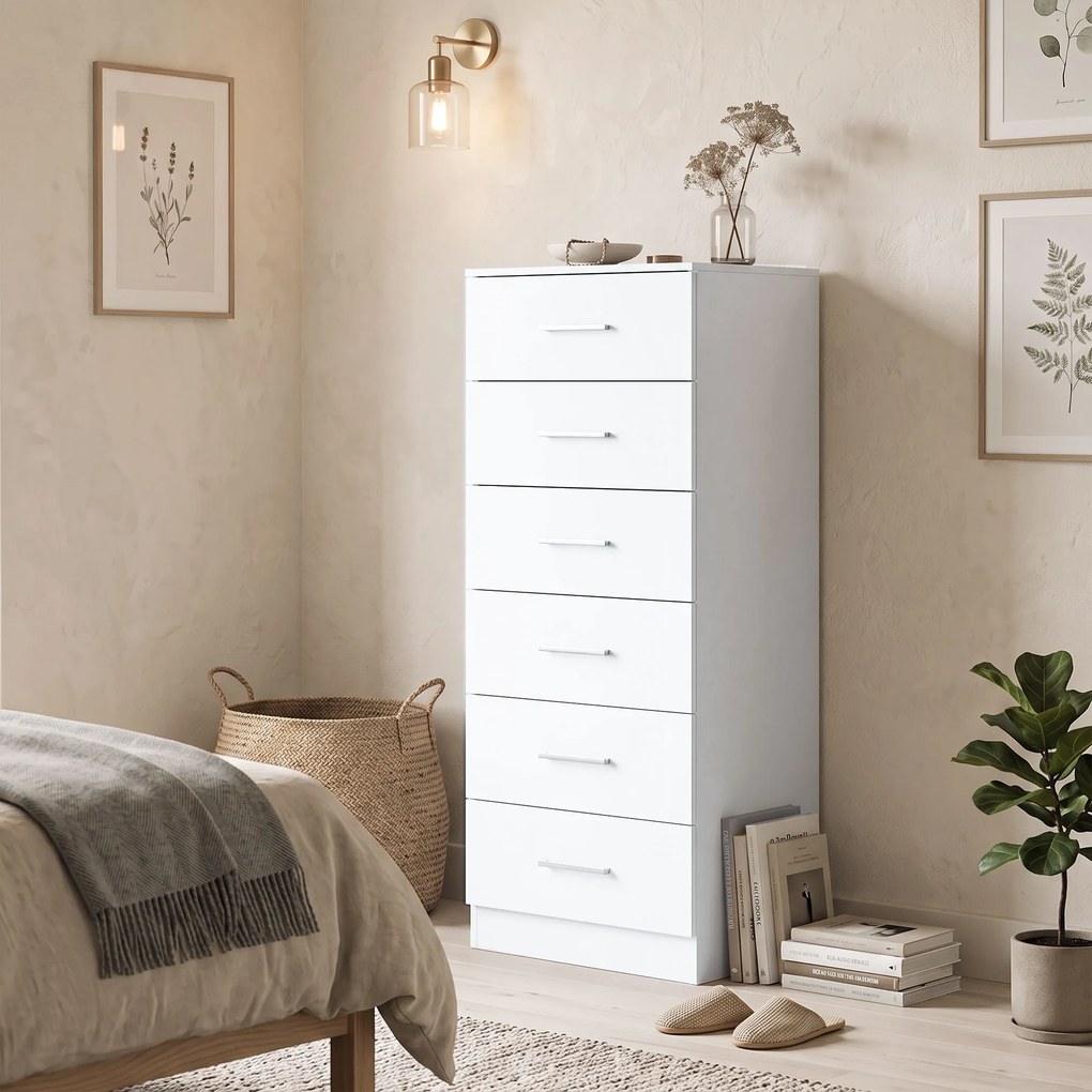Cómoda de 6 Gavetas Alta para Quarto com Sistema Antitombo 40x40x110 cm Cinzento Claro e Branco