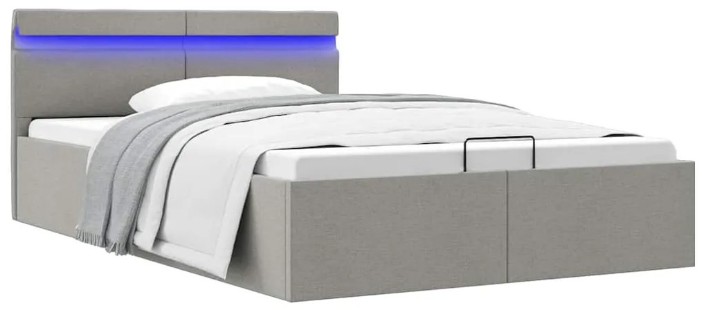 vidaXL Cama hidráulica c/ arrumação LED 140x200 cm tecido cinza-claro