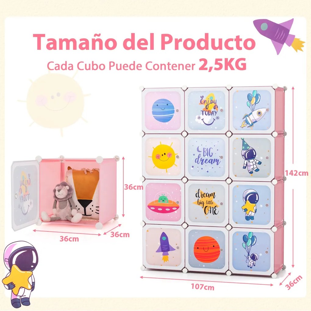 Guarda roupa Infantil de 12 Cubos para Bebéscom 2 secções para pendurar 107 x 36 x 142 cm Rosa