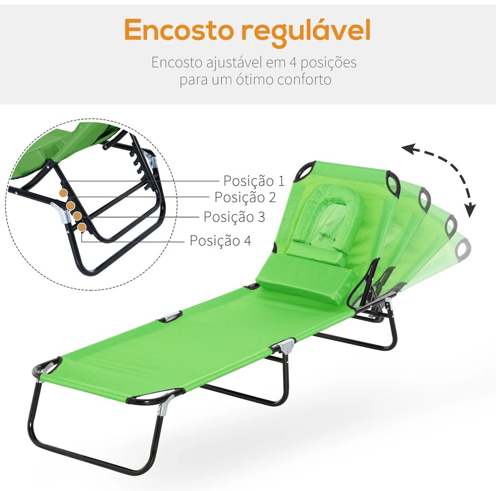 Outsunny Espreguiçadeira Dobrável com Encosto Ajustável em 4 Posições Espreguiçadeira de Jardim com Almofada Estrutura de Aço Tecido Oxford para Acampamento Praia Terraço 190x56x28cm Verde