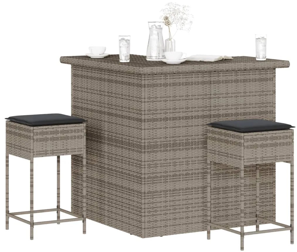 vidaXL 3 pcs conjunto de bar p/ jardim c/ almofadões vime PE cinzento