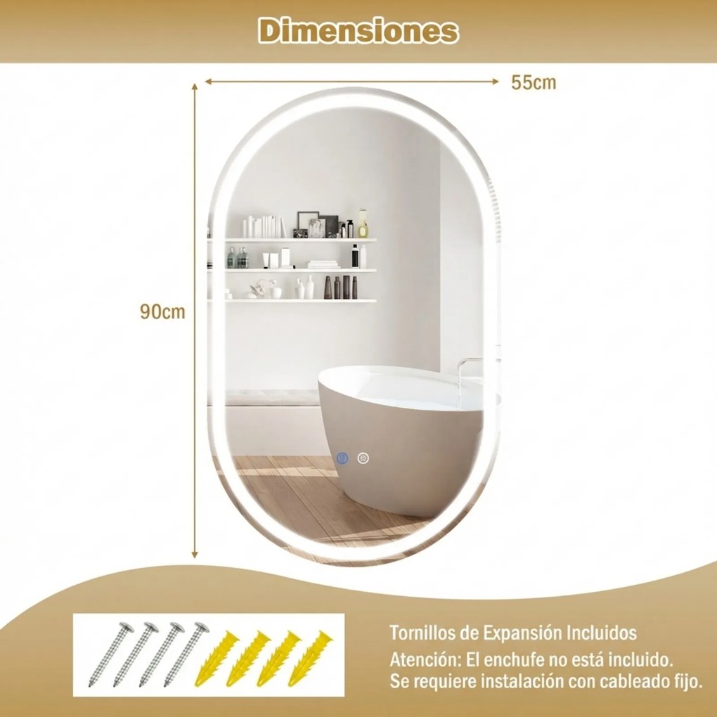 Espelho de casa de banho com iluminação, de parede, 90 x 55 cm, oval, sem moldura, com iluminação LED traseira, 3 modos de cor ajustáveis, antiembacia