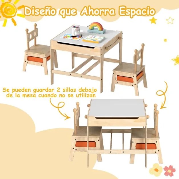 Conjunto de mesa e 2 cadeiras infantil 4 em 1 com quadro branco reversível e giz 2 gavetas de armazenamento de madeira Robot