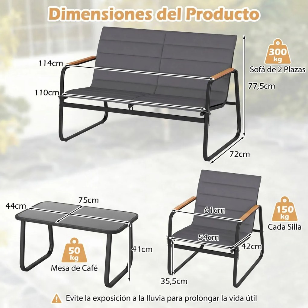 Conjunto de jardim de 4 peças, com almofadas, mesa de vidro temperado e cadeiras de jardim para alpendre, varanda ou jardim com almofadas Cinza