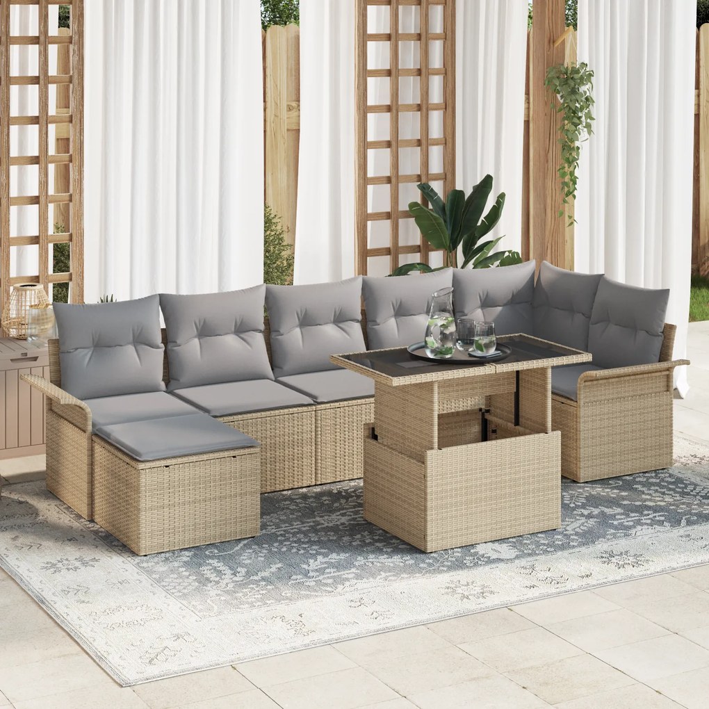 vidaXL Conjunto de Sofá de Jardim de 8 Peças com Almofadas Bege Rattan Poliéster