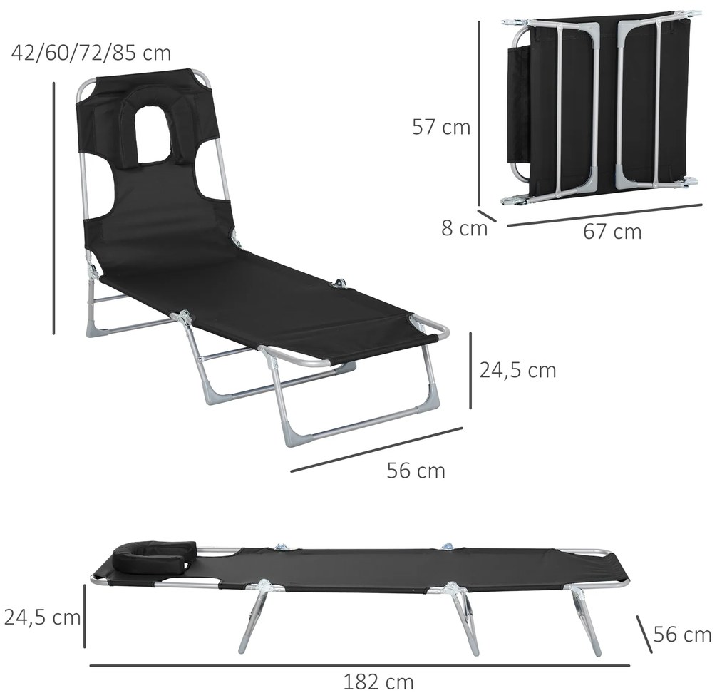 Outsunny Espreguiçadeira de Jardim Reclinável e Dobrável com Orifício de Leitura Apoio para Cabeça e Encosto Ajustável em 4 Níveis para Praia 182x56x24,5 cm Preto