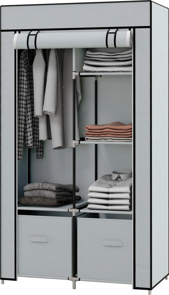 HOMCOM Guarda-roupa de tecido 1 barra para roupas, 2 gavetas, 83 x 42.5 x 162,5 cm, Cinza | Aosom Portugal