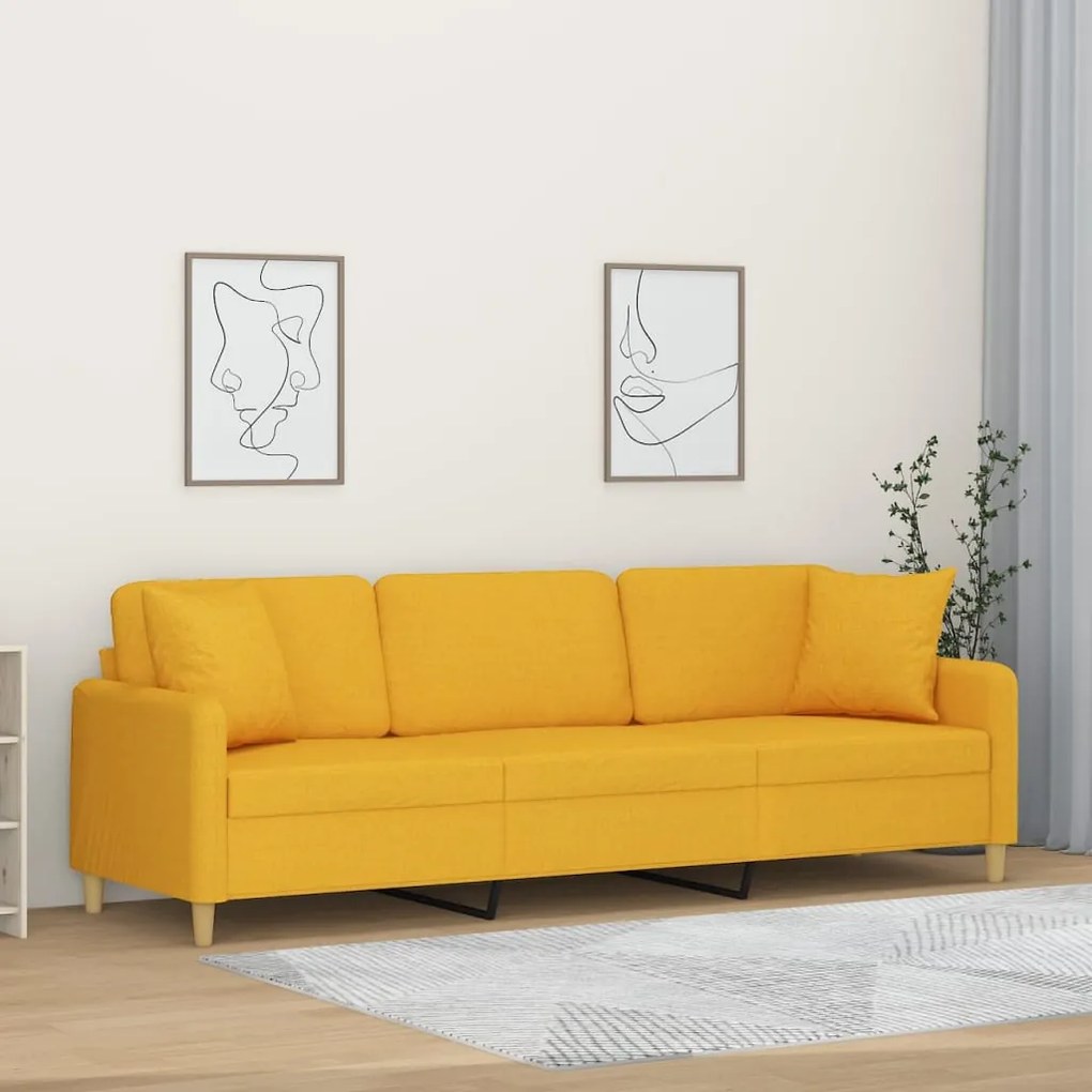 vidaXL Sofá 3 lug. c/ almofadas/almofadões 210 cm tecido amarelo-claro