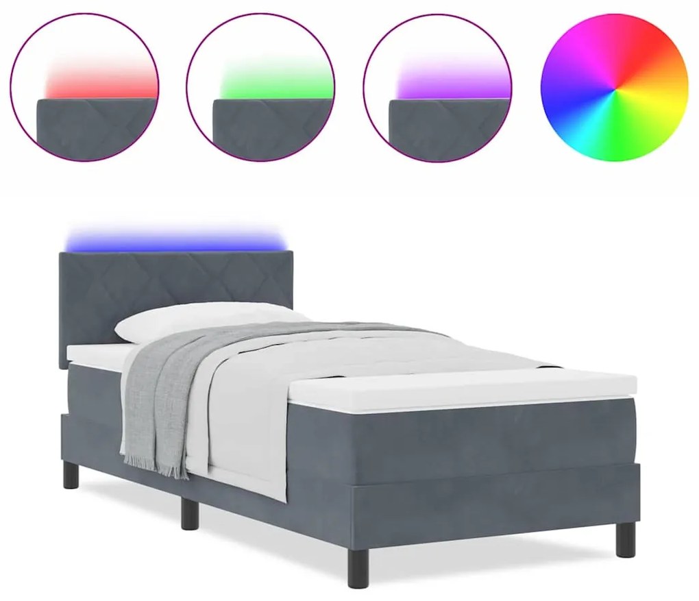 Cama Box Spring com Colchão e LED Cinza Escuro 90x190 cm Veludo