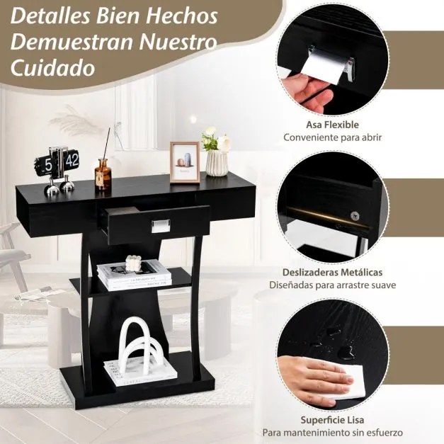 Mesa consola em forma de T com gaveta e Estantes moderna 91 x 30 x 88 cm Preta