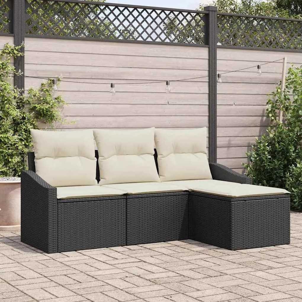 vidaXL Conjunto de Sofá de Jardim de 4 Peças com Almofadas - Rattan Preto