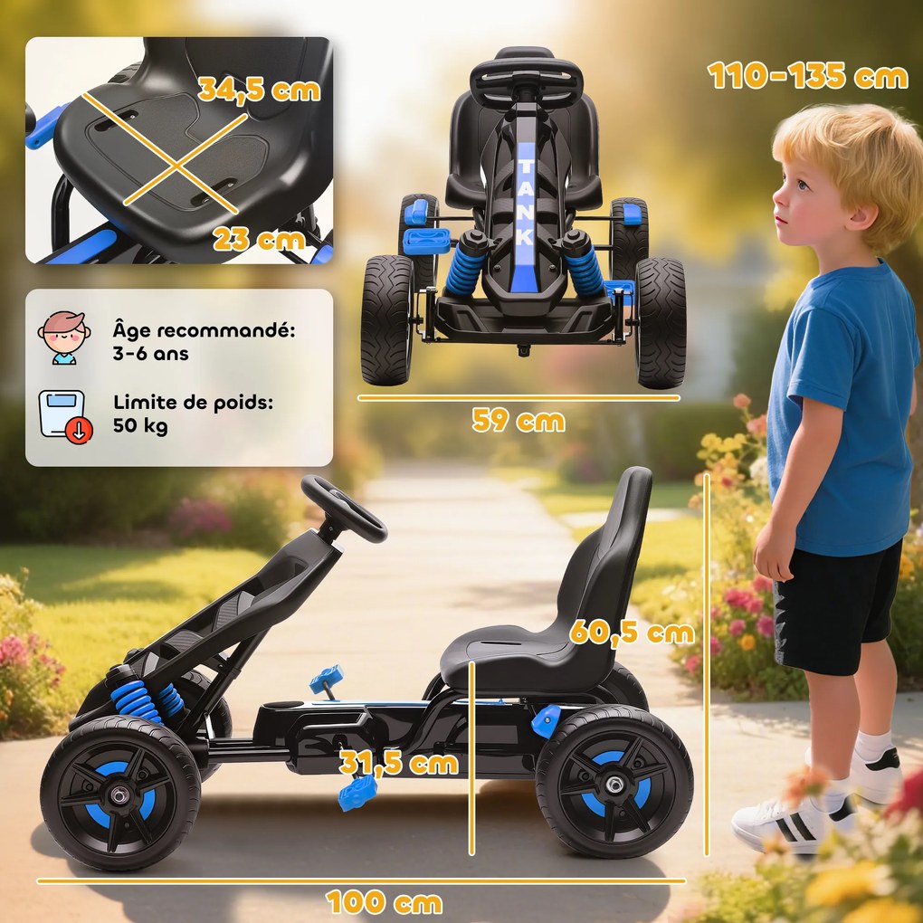 Kart a pedais para crianças, karting infantil para 3 a 6 anos com roda livre, travão e rodas antiderrapantes em EVA, azul