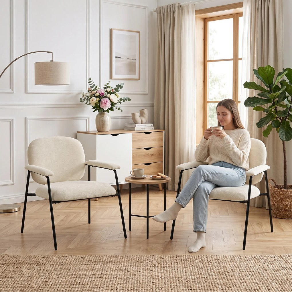 Conjunto de 2 Poltronas Auxiliares, 67 x 64 x 76,5 cm, Encosto Curvo, Creme