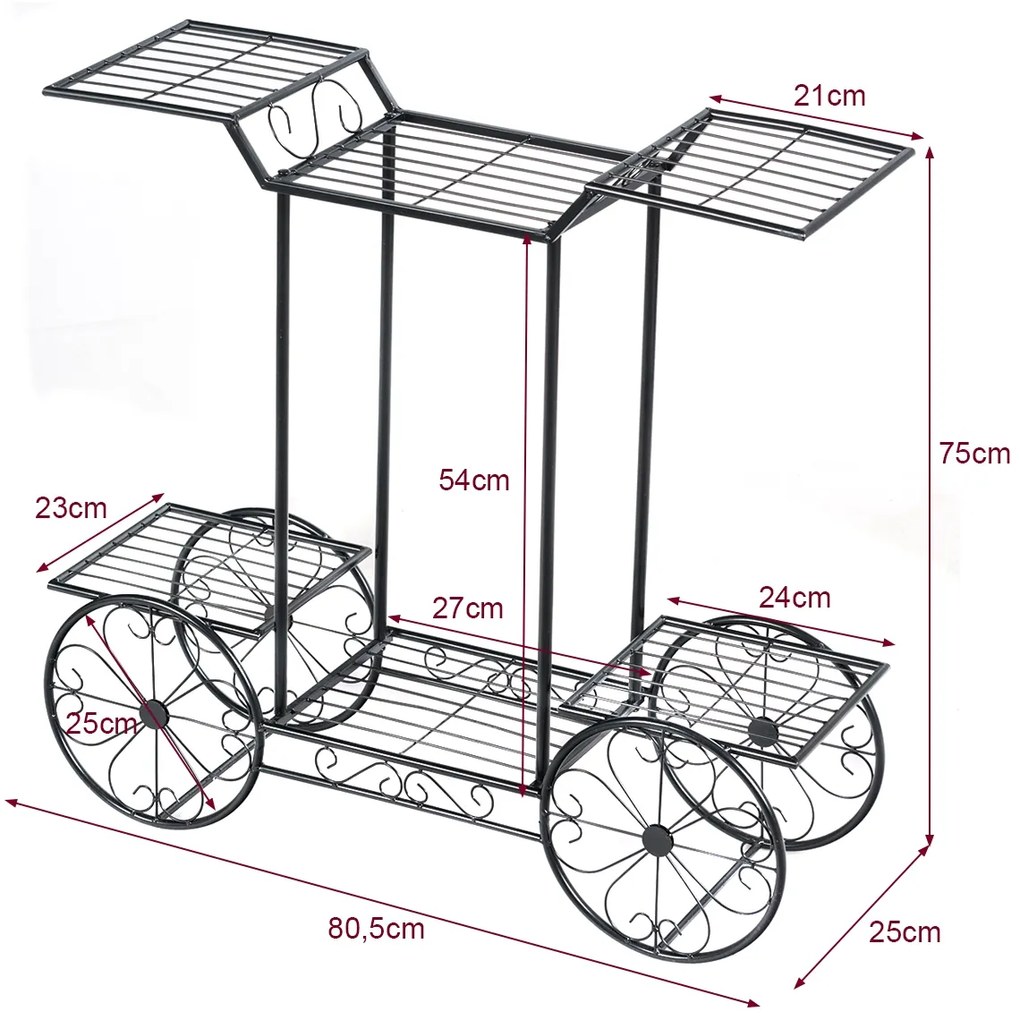 Suporte plantas jardim em forma de carrinho de metal para plantas e flores Prateleira com 6 níveis para pátio interior e exterior de jardim 80,5 x 25