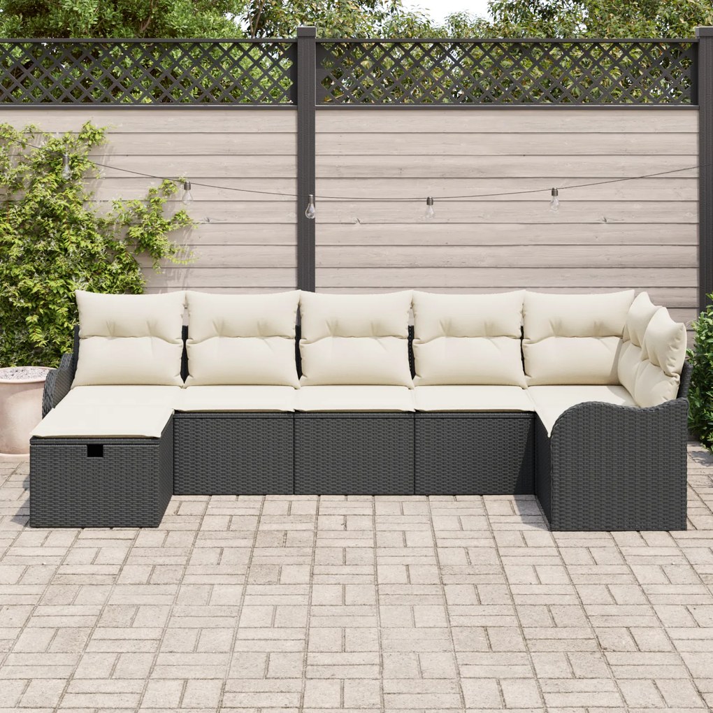 Conjunto de Sofá de Jardim vidaXL 7 Peças com Almofadas Preto Rattan P