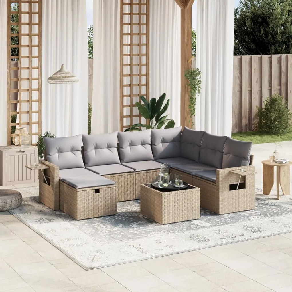 8 pcs conj. sofás jardim c/ almofadões vime PE bege misturado
