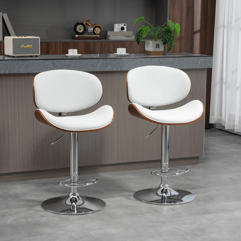 Conjunto de 2 cadeiras de bar com banco regulável em altura, revestimento sintético, 53 x 52 x 92-112 cm, branco