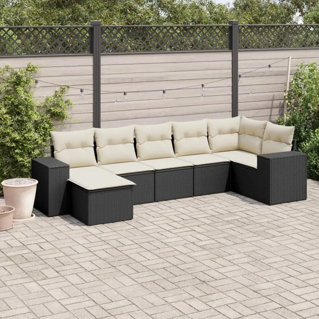 7 pcs conjunto de sofás p/ jardim c/ almofadões vime PE preto