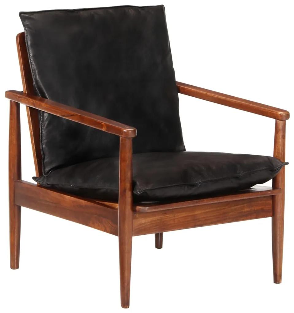 340922 vidaXL Cadeira c/ apoio braços couro genuíno e acácia maciça preto
