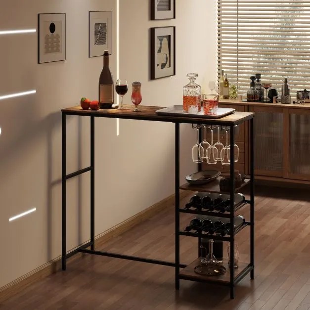 Mesa de cozinha, bar com compartimentos de arrumação e prateleiras para vinho e suportes para copos