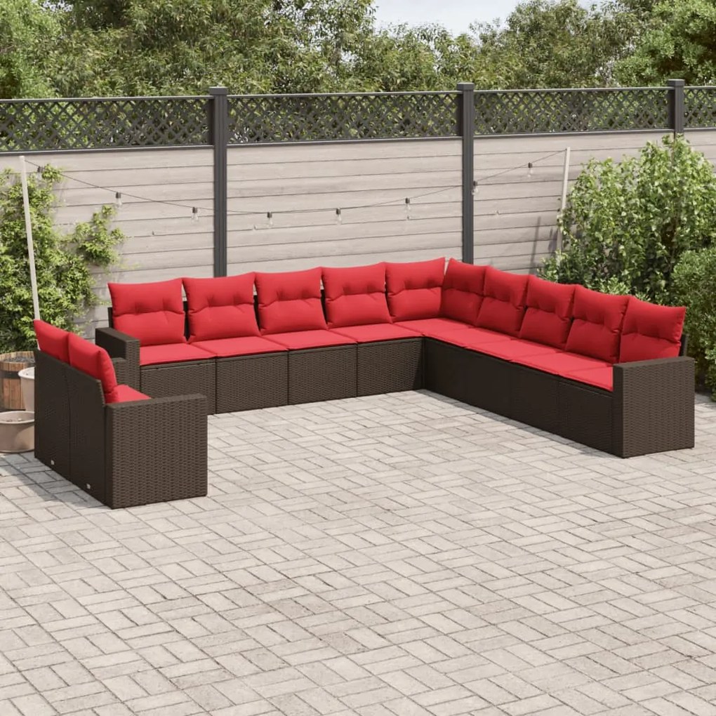 vidaXL 11 pcs conjunto sofás de jardim c/ almofadões vime PE castanho