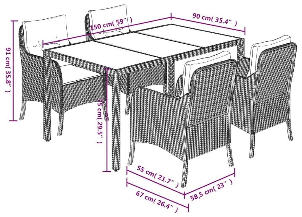 5 pcs conjunto de jantar p/ jardim c/ almofadões vime PE cinza