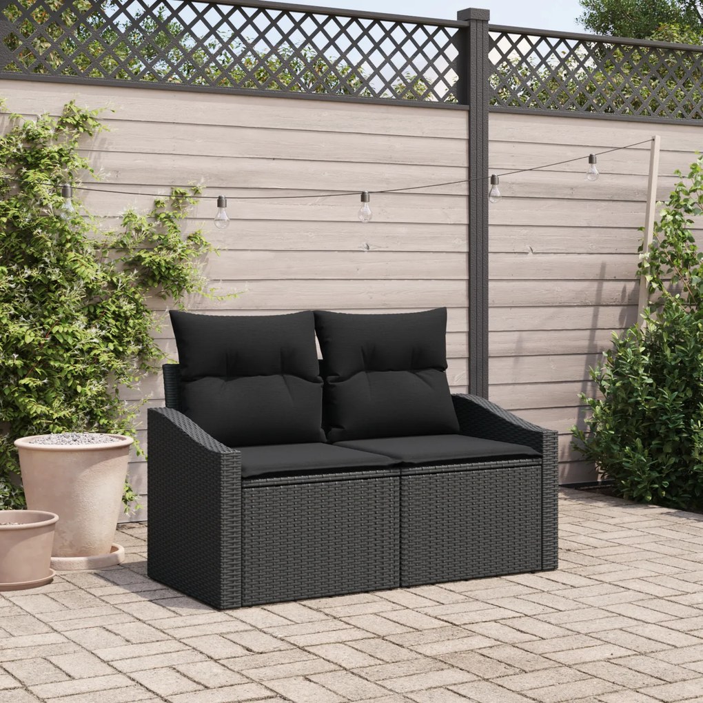 Sofá de Jardim de 2 Lugares com Armazenamento e Almofadas Preto em Rattan