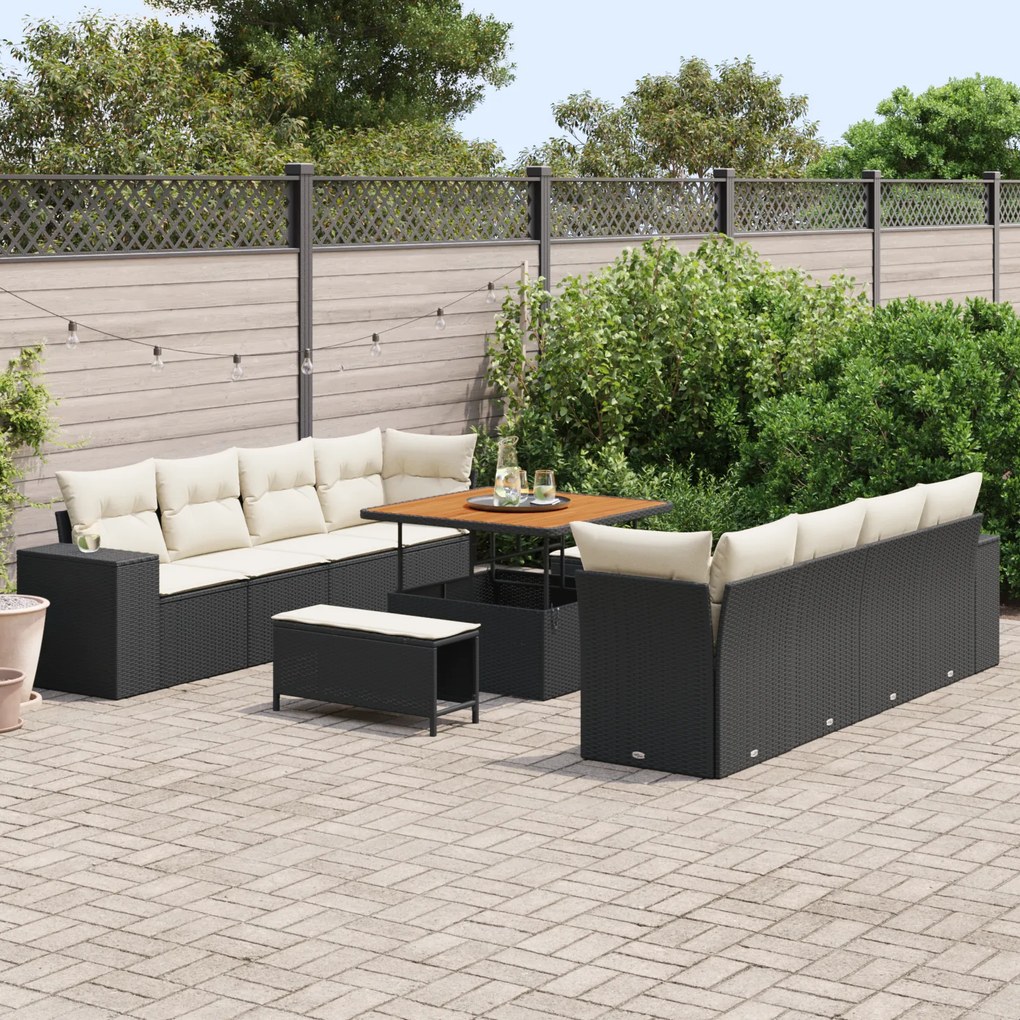Conjunto de Sofás de Jardim vidaXL 11 Peças com Almofadas Preto Polirr