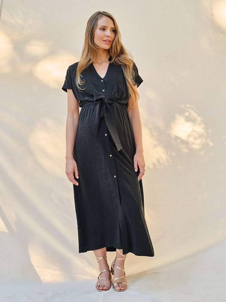 Vestido comprido estilo camisa, especial gravidez e amamentação, da ENVIE DE FRAISE preto