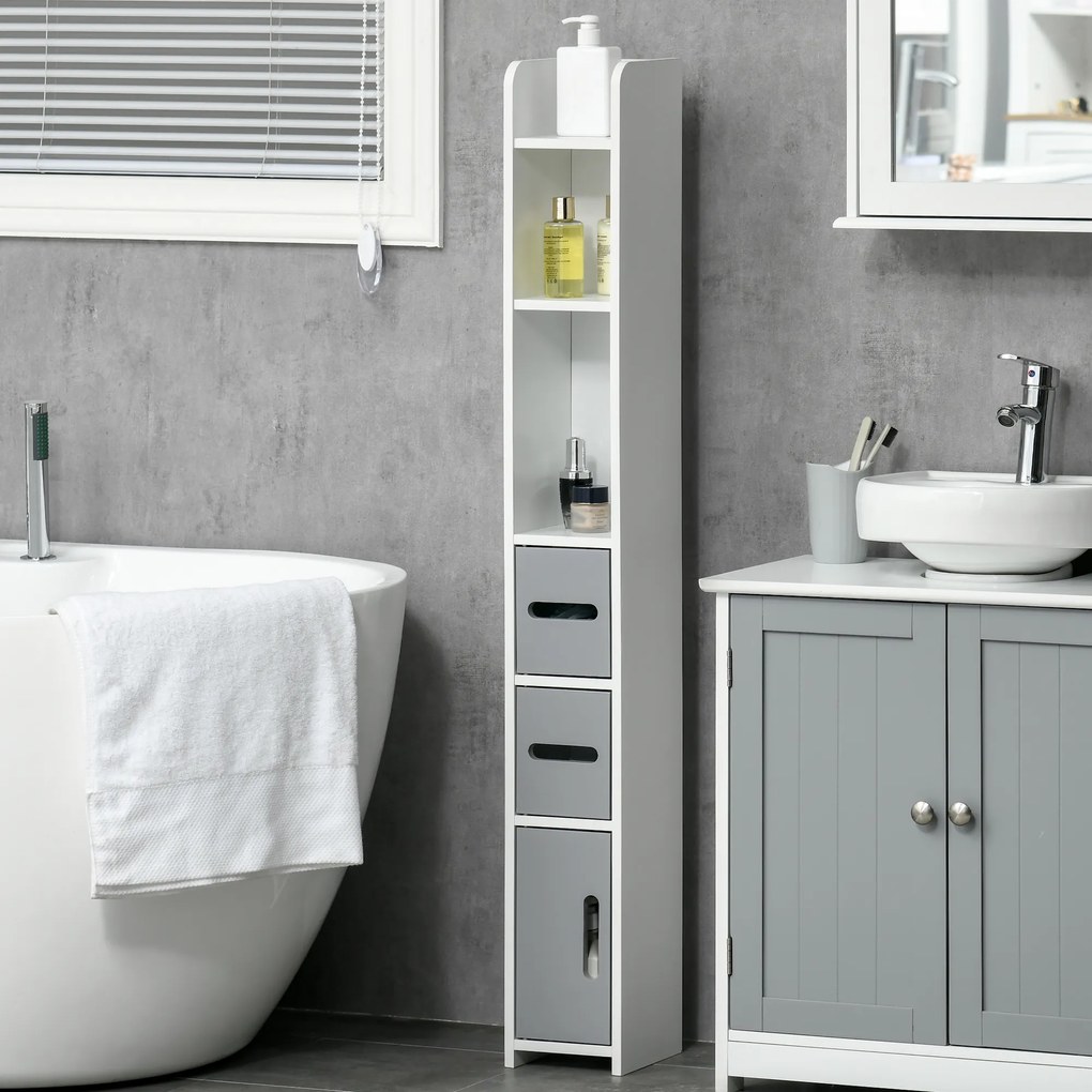 kleankin Coluna Casa de Banho com 3 Portas e 3 Prateleiras Abertas Coluna Auxiliar para Sala de Estar Casa de Banho Dormitório Estilo Moderno 15x17x120cm Branco e Cinza