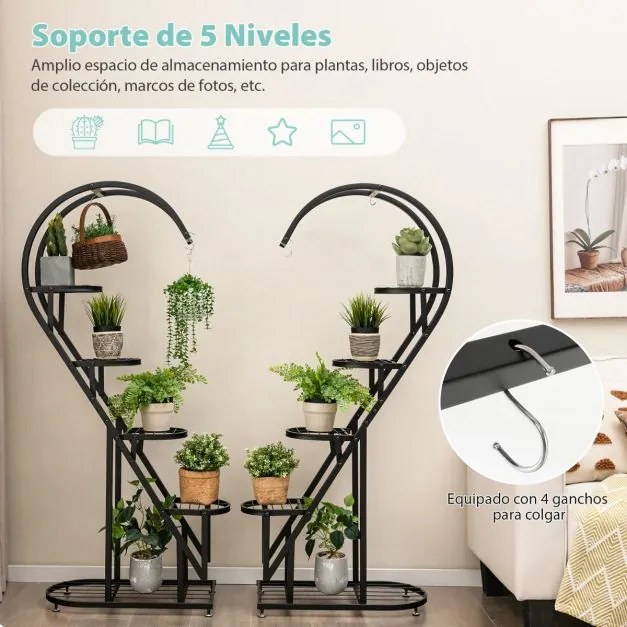 Conjunto de 2 suportes metálicos de 5 níveis para plantas com escada em forma de coração e gancho para pendurar 71 x 30,5 x 148 cm Pretos