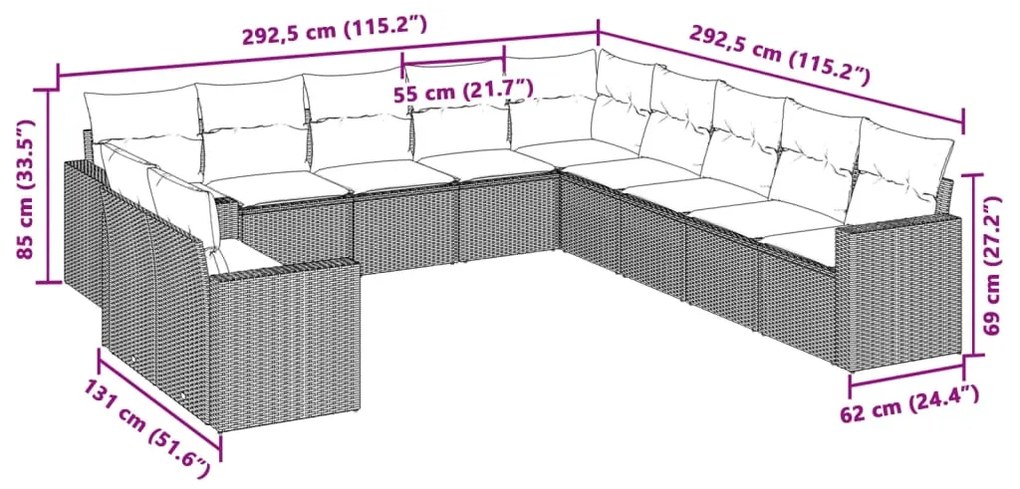 11 pcs conjunto sofás de jardim c/ almofadões vime PE cinzento