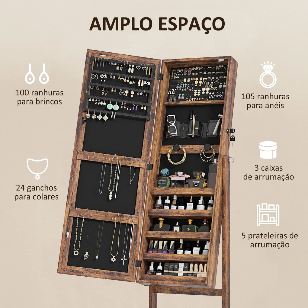 Joalheiro de Pé Armário para Jóias com Fita de Luz LED e Fechadura Magnética 46x36,5x151,5 cm Madeira