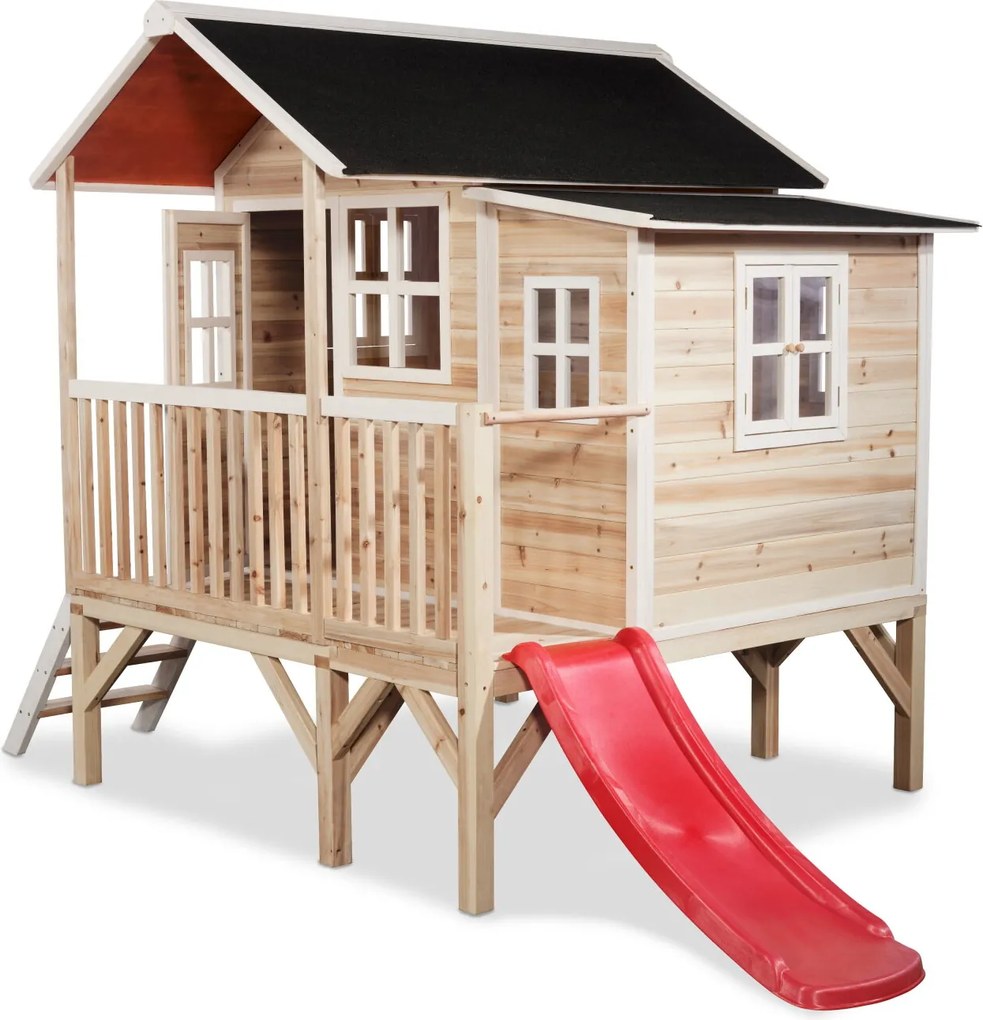 Casa de brincar infantil exterior para crianças Loft 350 em madeira com escorrega - natural