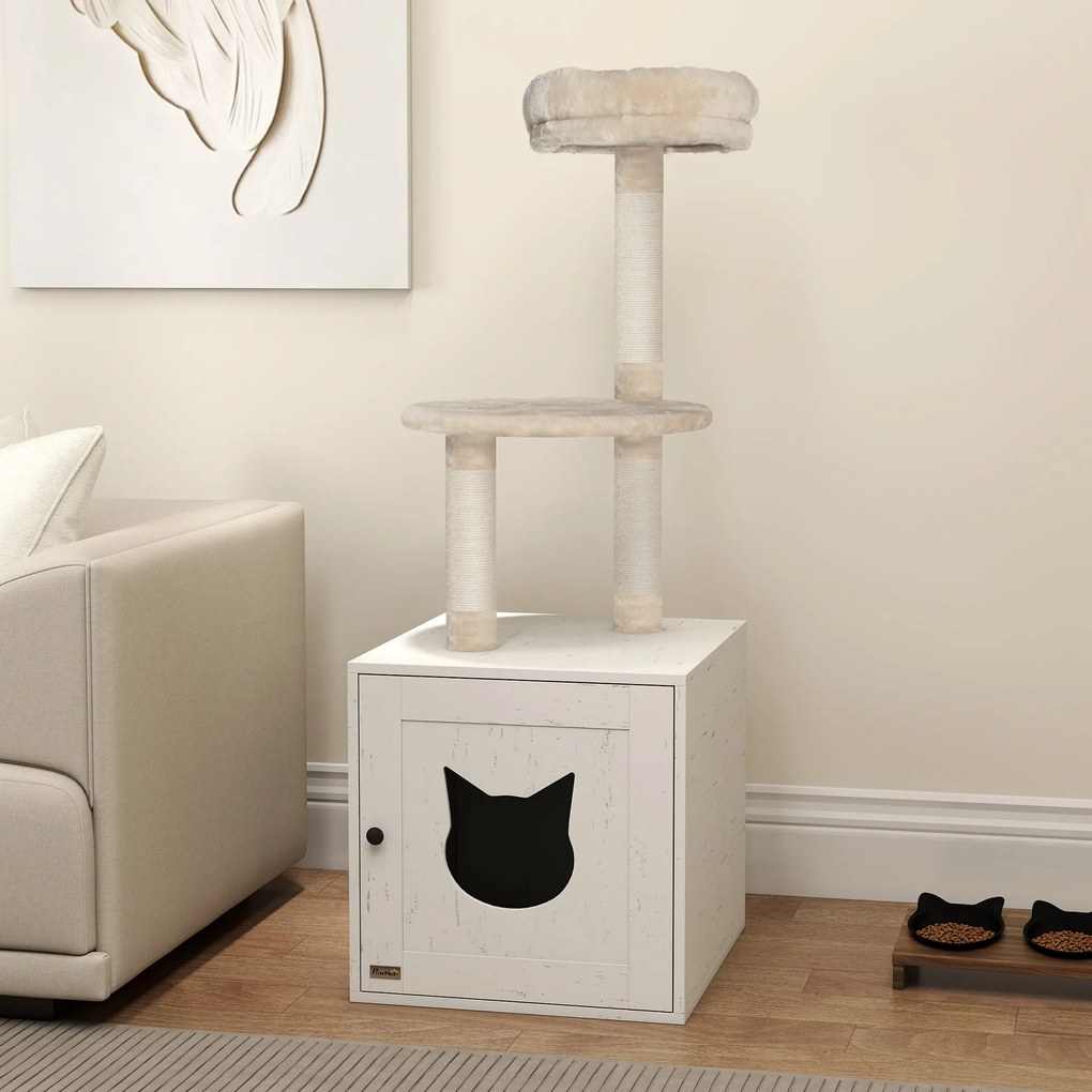 Movel para caixa de areia gatos (NÃO INCLUIDA) 47 x 52 x 129 cm, 2 em 1 com arranhador, postes para arranhar, creme