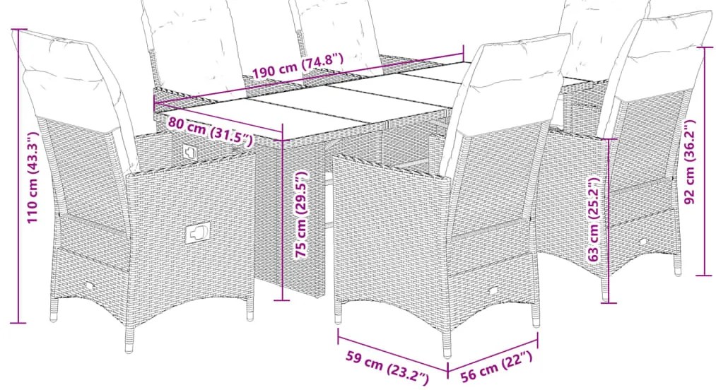 7 pcs conjunto de jantar p/ jardim com almofadões vime PE bege