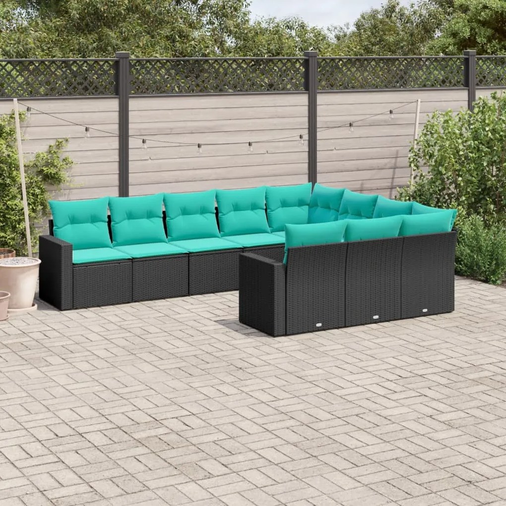 10 pcs conjunto de sofás p/ jardim c/ almofadões vime PE preto
