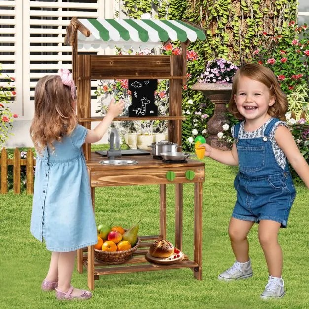 Cozinha de brincar de dupla face com churrasqueira de madeira com toldo, pia e torneira Fogão para brincar ao ar livre com acessórios Castanho