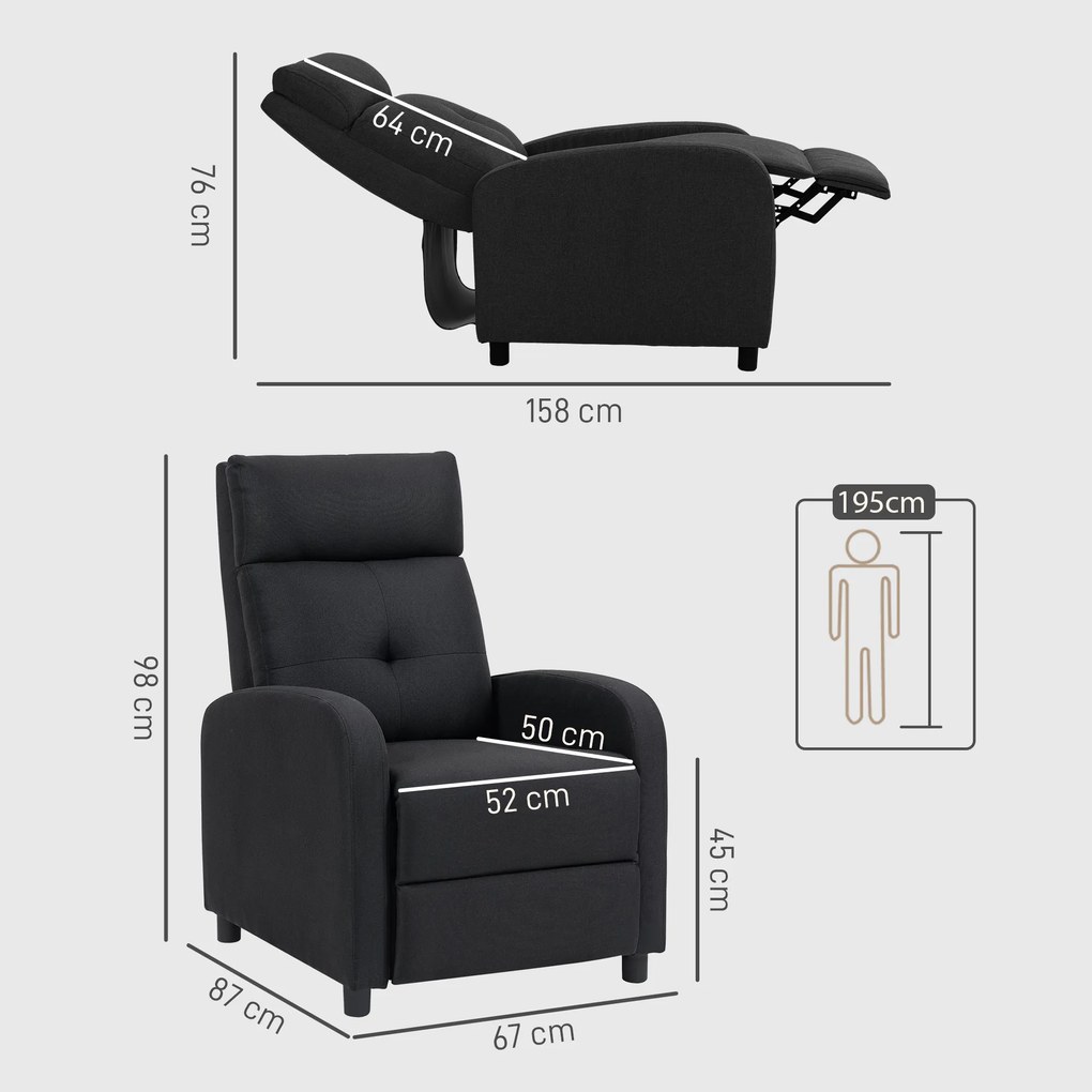 Poltrona Relax Reclinável até 155° Poltrona Reclinável Manual para Pessoas com Altura Inferior 195 cm 67x87x98 cm Preto