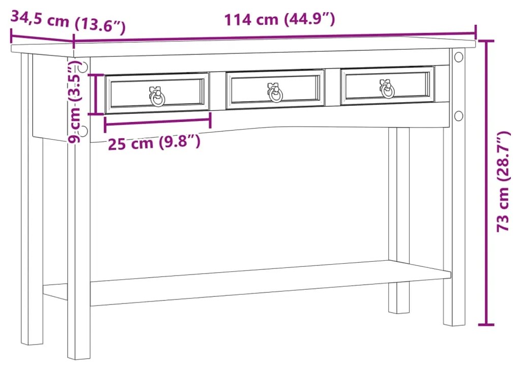 Mesa consola Corona 114x34,5x73 cm madeira de pinho maciça